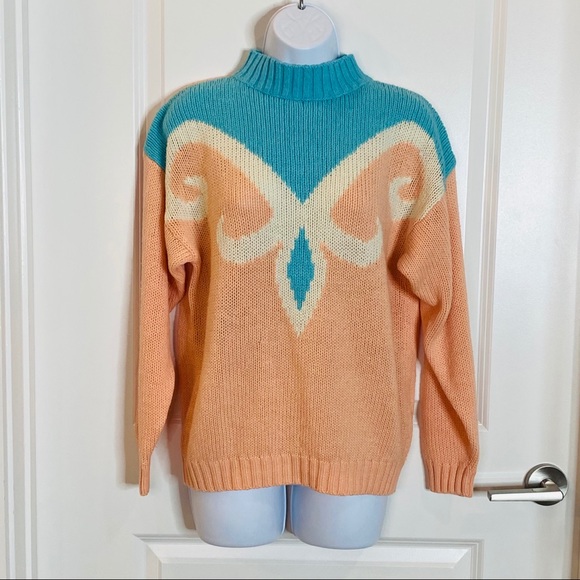 VINTAGE Pale Pink & Blue Mock Neck Sweater Size M - Picture 5 of 10